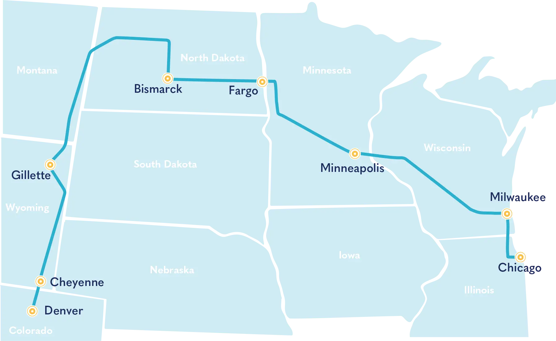 Heartland Fiber Project route from Denver to Chicago